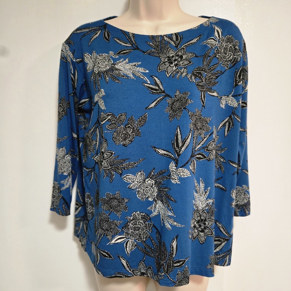 J. Jill Wearever Petite PS Teal Black Bold Floral Boat Neck 3/4 Sleeve Top